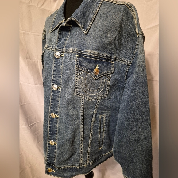 NWT True Religion Oversized Blue Denim Trucker Jacket Sz L Glitter Silver Unisex - Picture 3 of 15